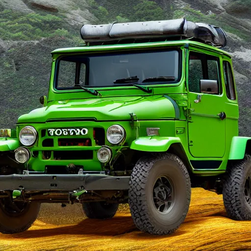 Image similar to closeup of a green Toyota Fj43 build in 1981, traveling through the mountains, black roof, with a roof rack, detailed, 8K, octane render, 8K,