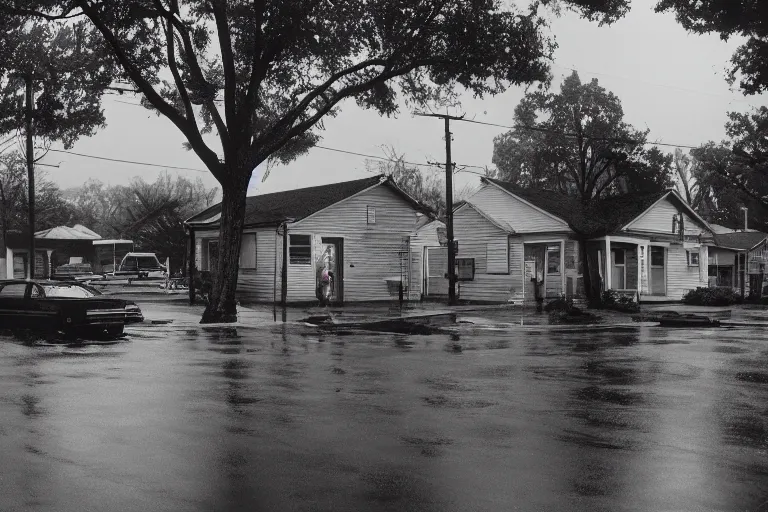 Image similar to a detailed photograph of a 1 9 8 0 s american neighborhood by gregory crewdson, 4 k, rain