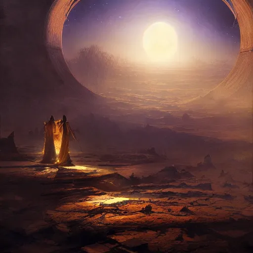 Image similar to giant shining crescent in a magic fluffy persian carpet dimension, by greg rutkowski and gaston bussiere, dim lighting, beautiful volumetric - lighting - style atmosphere, surreal atmosphere, intricate, detailed, photorealistic imagery, artstation