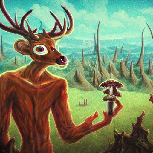 Image similar to 4 k headshot portrait of a psychedelic demonic anthropomorphic deer - horned wendigo smoking a hand - rolled cigarette smoking heavily, magic mushroom village in background. award winning. superb resolution. in the art style of junji ito and greg rutkowski. detailed mushroom city in background. hyper realistic anime. perfect art. dalle 2