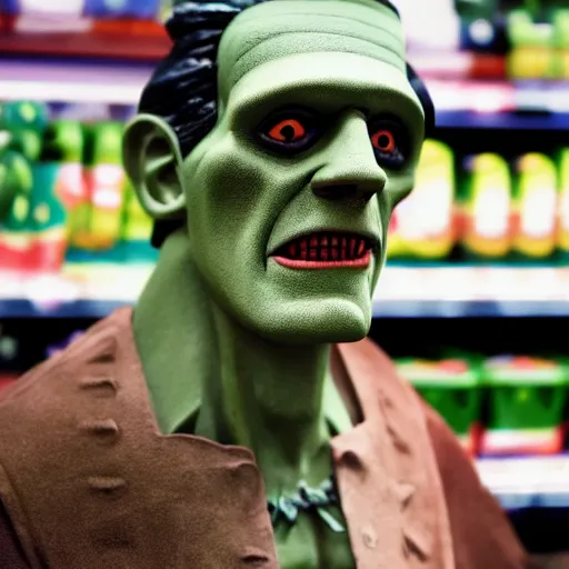 Image similar to foto of frankenstein in the grocery store, restored color, 4 k