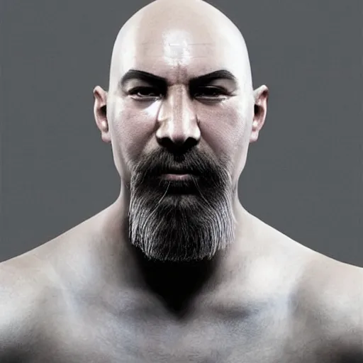 Prompt: A portrait of a bald muscular fighter with a bushy beard and exposed chest with tattoos, he wears brass knucles on his clenched fists, digital art by Ruan Jia, Donglu Yu