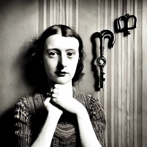 Image similar to old monochrom portrait photography of a beautiful girl holding old keys in her hand, many vintage locks on the walls, in a victorian decor, by man ray, alfred ghisoland, gemmy woud - binendijk, erwin olaf, 4 k,