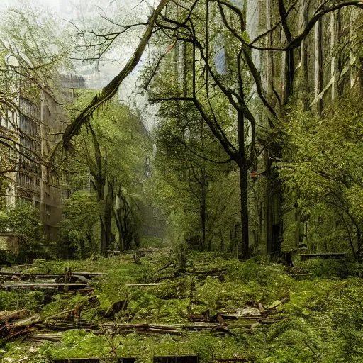 Prompt: nature reclaiming Seattle, lots of trees, dilapidated buildings, afternoon, ultra detailed, cinematic, no blur, 4k