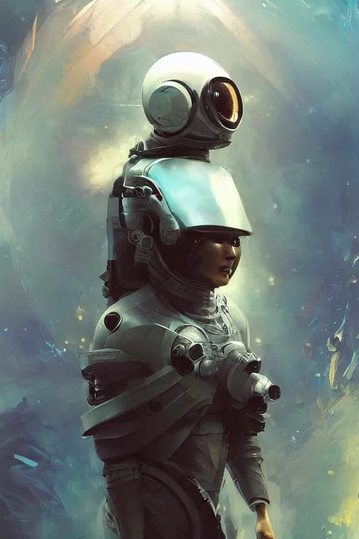 Image similar to portrait of an astronaut in 3 / 4 view wearing a very futuristic helmet with cybernetics and wirings, vaporwave aesthetic, dreamcore by craig mullins, ruan jia, kentaro miura, greg rutkowski