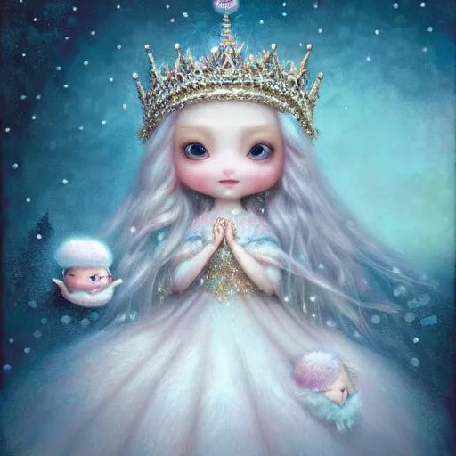 Image similar to highly detailed closeup portrait of a snow, ice princess, she is wearing a crown, she is sitting on a throne, fluffy bears are standing around, nicoletta ceccoli, mark ryden, lostfish, earl nore, global illumination, god rays, detailed and intricate environment