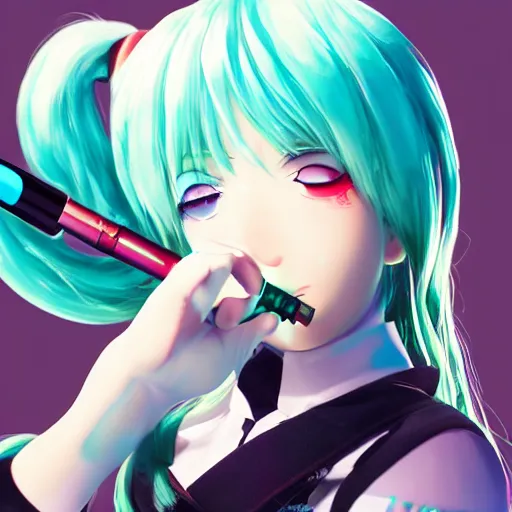 Prompt: hatsune miku smoking weed with a vape pen, smoke coming out of her mouth, bloodshot eyes, artstation, 4 k