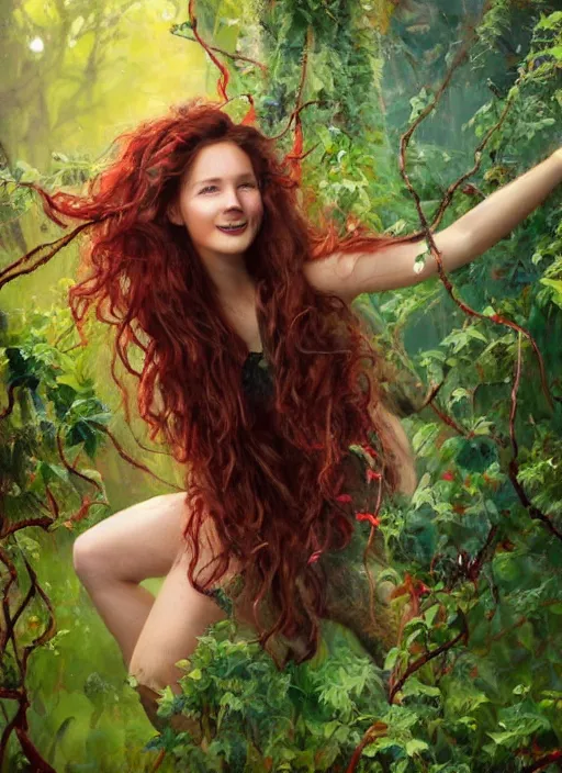 Image similar to full body portrait of a beautiful woman with fire red wavy hair, loosely clothed in vines, sitting on a bench, leaning backwards, arms reaching out to her sides, with a mischievous smile, dense foliage in the background by Jeremy Mann, vivid colors, green hue, stylized, detailed, loose brush strokes