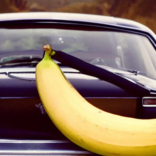 Image similar to movie still of a lone banana on the front seat, cinematic Eastman 5384 film