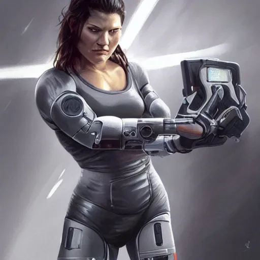 Prompt: gina carano with robotic cybernetic metallic grey left arm, casual pose, large portrait, cyberpunk, digital painting, artstation, concept art, smooth, 8 k frostbite 3 engine, ultra detailed, art by artgerm and greg rutkowski and magali villeneuve