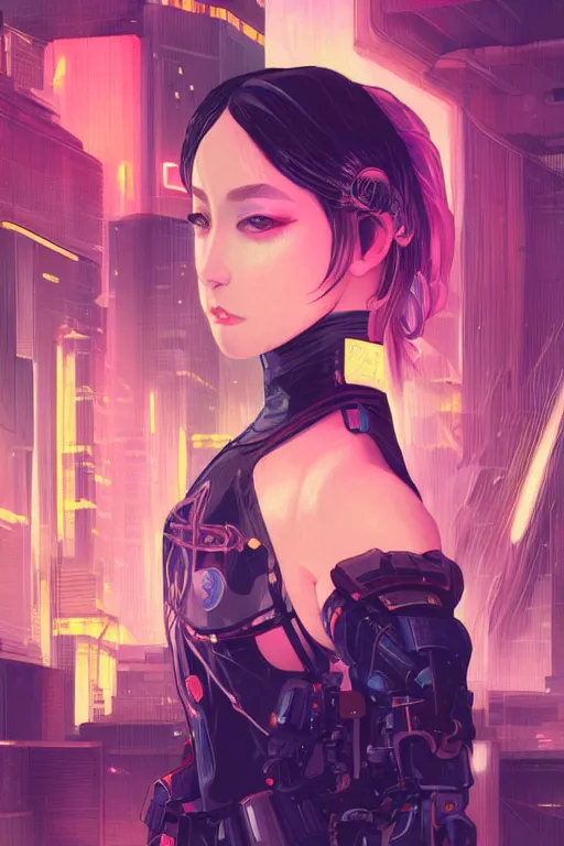 Prompt: portrait futuristic Ninja Girl, in future cyberpunk tokyo rooftop , ssci-fi, fantasy, intricate, very very beautiful, elegant, neon light, highly detailed, digital painting, artstation, concept art, smooth, sharp focus, illustration, art by alphonse mucha and tian zi and WLOP