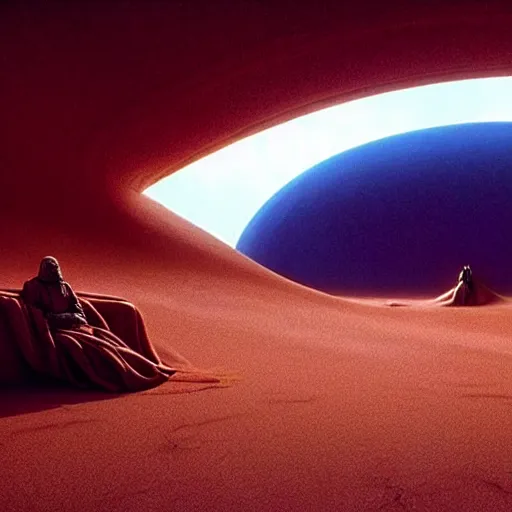 Image similar to colour aesthetic highly detailed photography scene from dune ( 2 0 2 1 ) by alejandro hodorovski and denis villeneuve and gregory crewdson style with ultra hyperrealistic very highly detailed faces. many details by andrei tarkovsky and caravaggio in sci - fi style. volumetric natural light hyperrealism