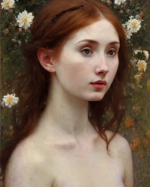 Image similar to a realistic oil painting of a girl resembling karen gillan, covered in flowers, highly detailed, intricate, artstation, by mucha, by william adolphe bouguereau, by waterhouse