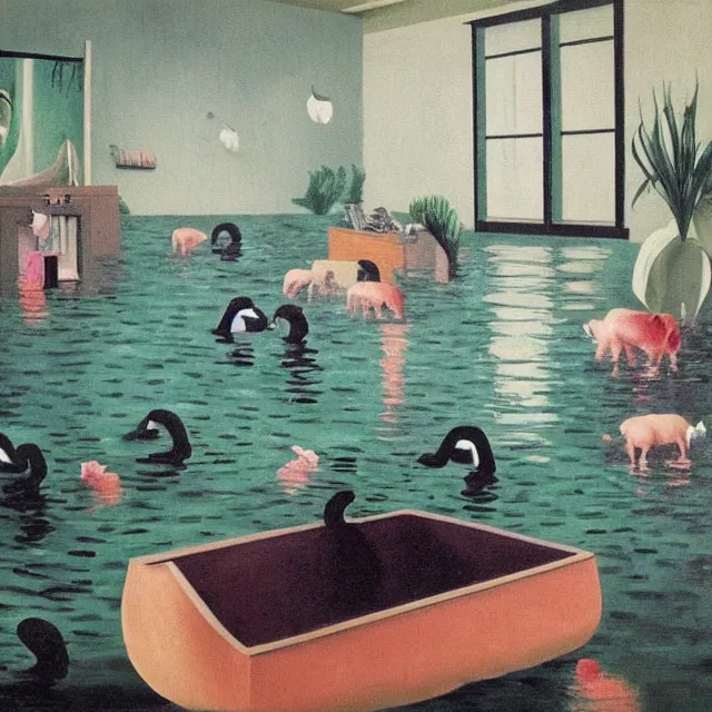 Image similar to painting of flood waters inside an apartment, emo catgirl art student, a river flooding inside, taps with running water, tangelos, zen, pigs, ikebana, water, river, rapids, waterfall, black swans, canoe, pomegranate, berries dripping, acrylic on canvas, surrealist, by magritte and monet