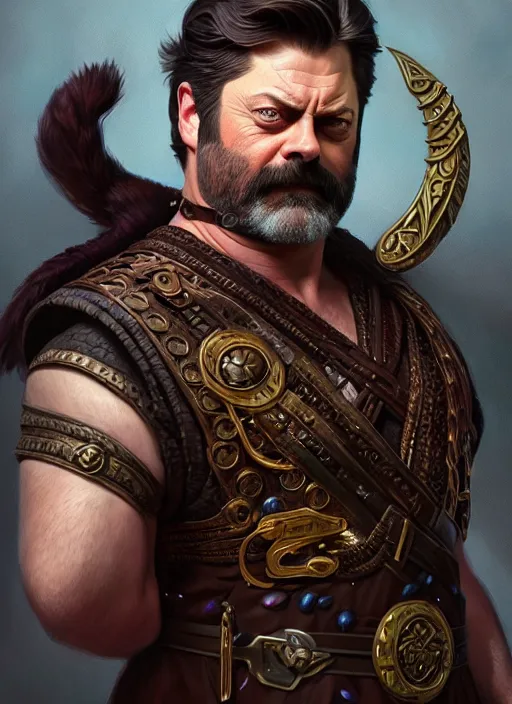 Prompt: portrait of nick offerman as odin, d & d, muscular, eyepatch! fantasy, intricate, elegant, highly detailed, digital painting, artstation, concept art, smooth, sharp focus, illustration, art by artgerm and greg rutkowski and alphonse mucha