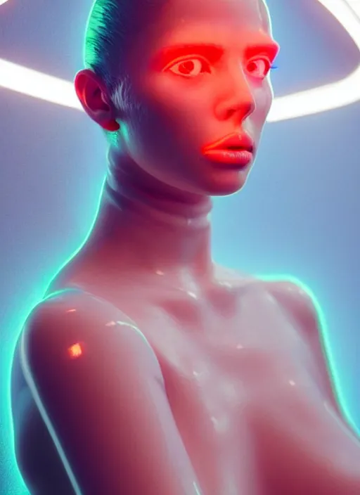 Prompt: a european female humanoid with freckled cheeks, cyber neon lighting, futurism, intricate futuristic led lit jewelry, cyberpunk glossy white latex swimwear, profile posing, hyper photorealistic, crispy quality, digital photography, trending in artstation, trending in pinterest, cinematic, 4 k ultra hd, art by pascal blanche, art by greg rutkowski,