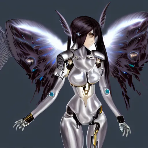 Image similar to small female cyborg - angel with large angelic wings, left eye gold and right eye silver, cyberpunk - anime character - concept art