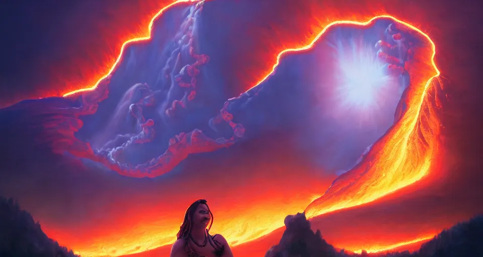 Image similar to the hawaiian fire goddess pele erupting yellowstone volcano while she smiles from above, by peter mohrbacher, digital painting, ultra high detail, apocalyptic, glow, lens flare, atmosphere, hyperrealistic, 8 k, cinematic, trending on artstation