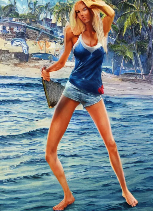 Image similar to , a gorgeous hulking woman with very long hip-length blonde hair, happy sunny day, wearing a cut-off white top and red dirt cut-off shorts standing by the water, beach tennis, modern architecture, in the style of artgerm and moebius and annie liebovitz, marvel comics, photorealistic, highly detailed, trending on artstation, Gediminas Pranckevicius