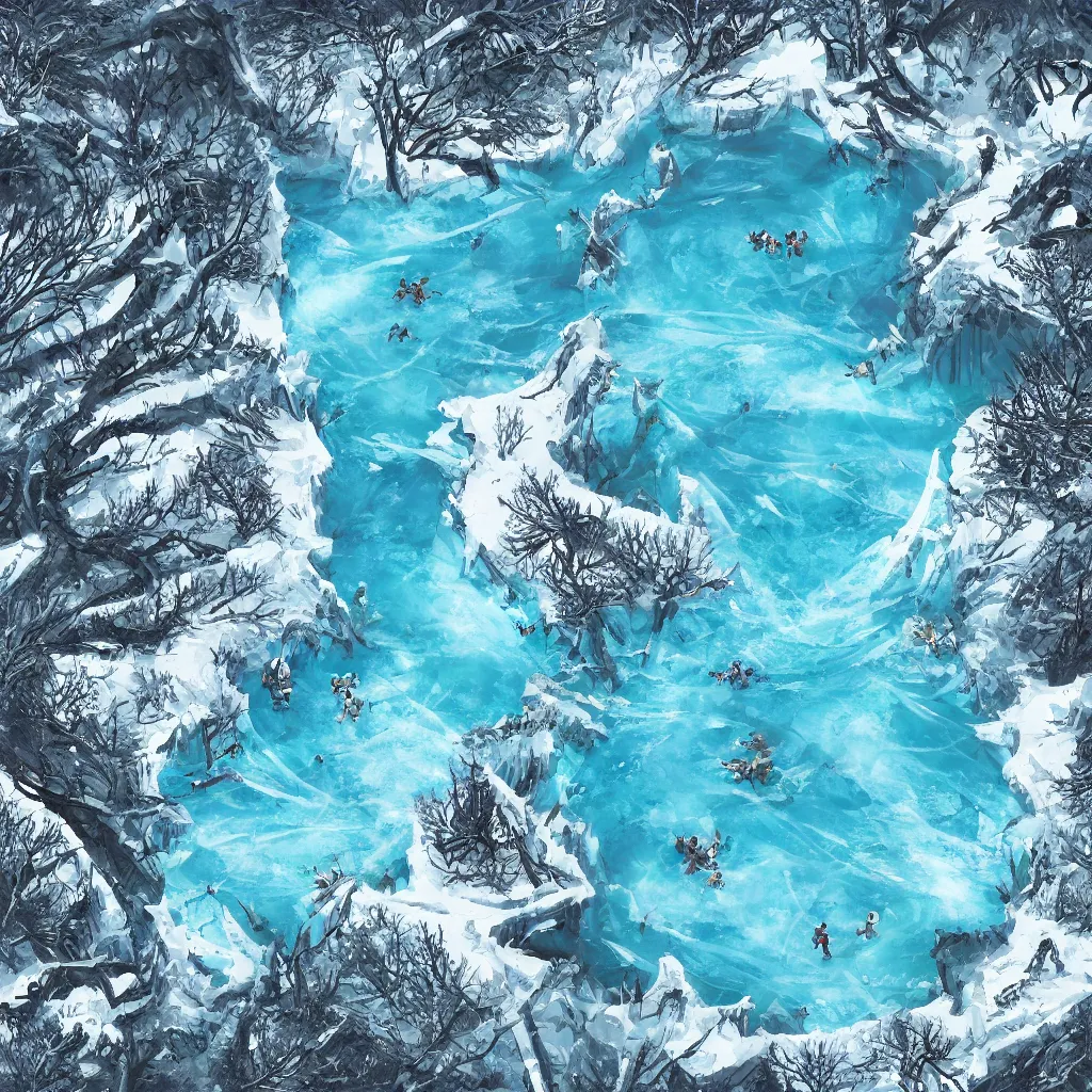 Image similar to a d & d background of a frozen lake with monsters beneath the ice, viewed from above, high quality digital art, illustration, gridless, vivid, blue tones, oil painting, trending on arstation, oil painting