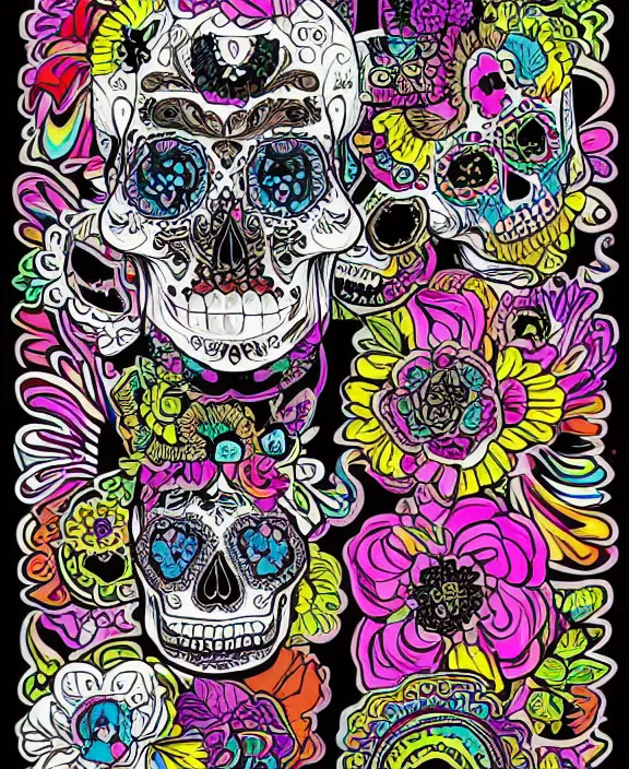 Prompt: dia de los muertos theme multicolor line art in the styles of artemio rodriguez, lisa brawn, and gustave bauman, intricate, hyperrealistic, accurate facial details, profile picture, hard outline, vector graphic, whitespace border