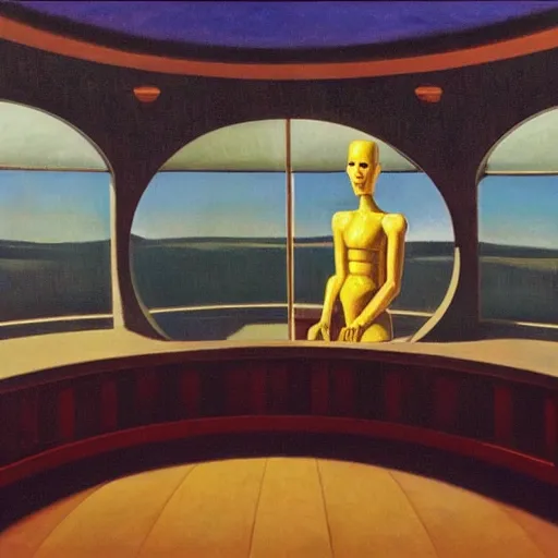 Prompt: portrait of a sophisticated robot inside a dome, pj crook, grant wood, edward hopper, syd mead, chiaroscuro, oil on canvas