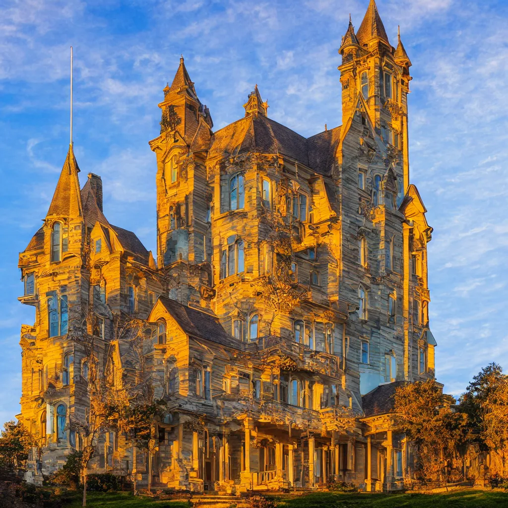 Prompt: a beautiful giant mansion with stained glass window and a clock tower besides it, on top of a small hill, fine art, golden hour, light blue background