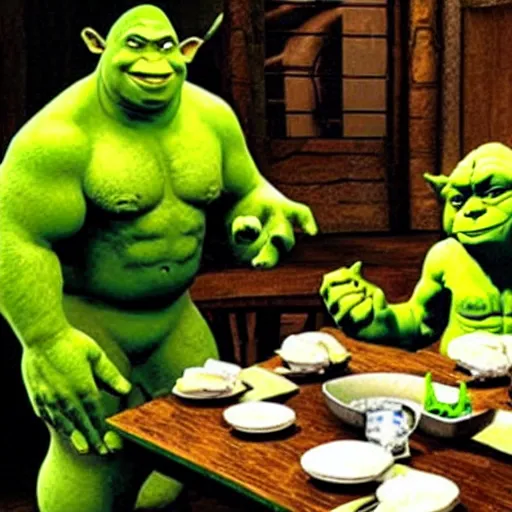 Prompt: shrek, hulk and yoda eat dinner together