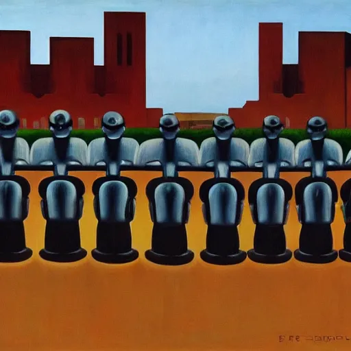 Image similar to line of robots guarding a brutalist castle, evil visages, dystopian, pj crook, edward hopper, oil on canvas