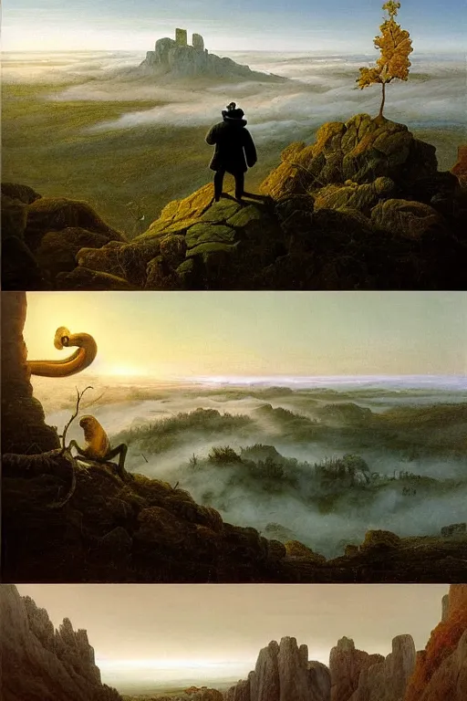 Image similar to Pepe the Frog in painting Wanderer above the Sea of Fog by Caspar David Friedrich,