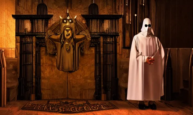 Image similar to cultist in robe with mask and gloves, satanic church interior, ceremonial, realistic photo, cctv footage, horror lighting, dim lighting