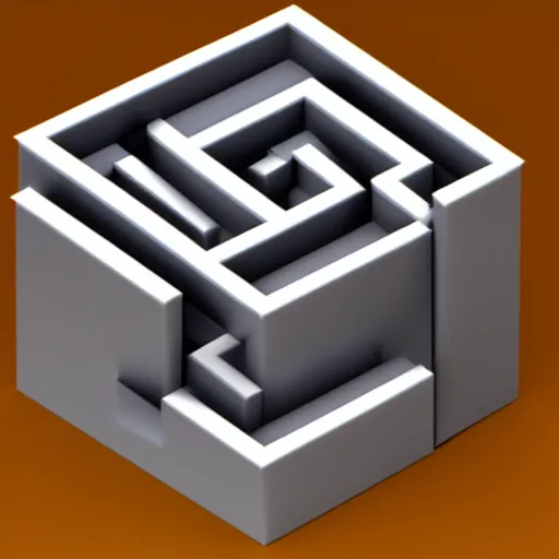 Prompt: 3D render of a 3-dimensional cube maze made out of metal, white background