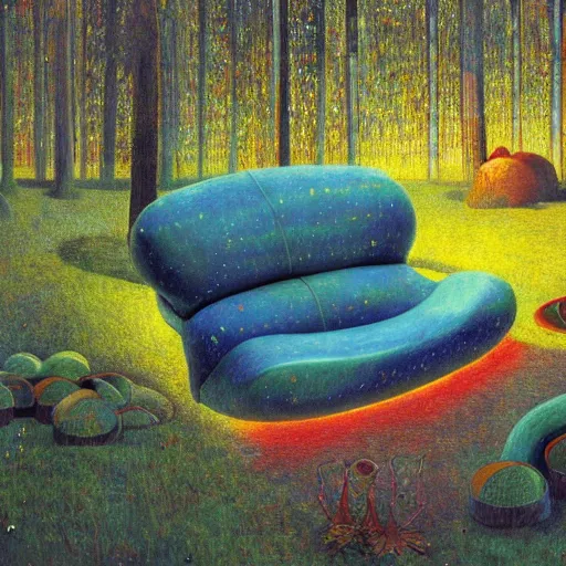 Image similar to psychedelic couch sofa in the lush pine forest, milky way, designed by arnold bocklin, jules bastien - lepage, tarsila do amaral, wayne barlowe and gustave baumann, cheval michael, trending on artstation, canada, star, sharp focus, colorful refracted sparkles and lines, soft light, 8 k 4 k