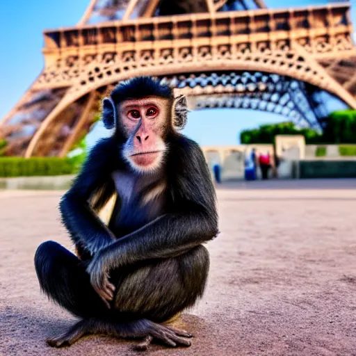 Image similar to high quality portrait of a monkey in front of eiffel tower, studio photograph, photograph, realistic photo, 8k photo, 4k photo, stock photo, high resolution, cinematic shot, high detail