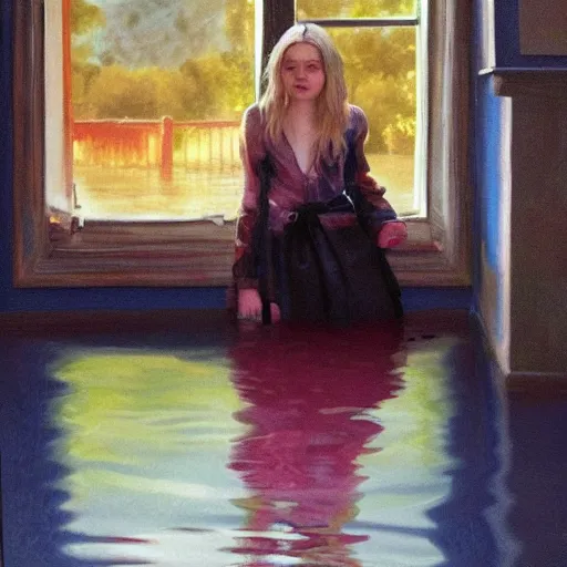 Prompt: painting of Elle Fanning in a flooded house interior, Kitsch style