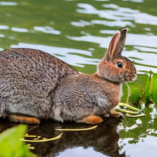 Image similar to high detailed photo of a rabbit relaxing at a nearby lake with a duck floating by.