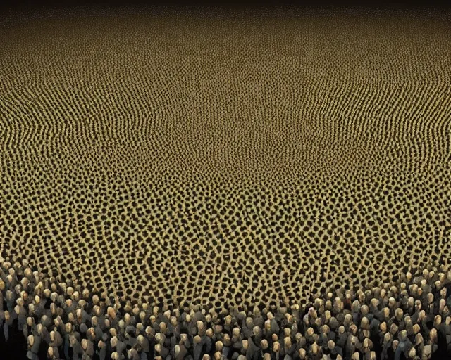 Prompt: a swarm of humans form an unreal locust formation. they fly in unison as one creature inspired by trypophobia. they glow with gods grace