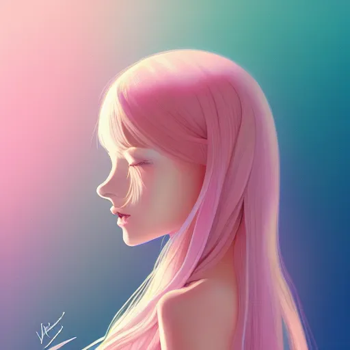 Image similar to young girl in summer dress art, pastel light pink long hair, muted colors, matte print, pastel colors, ornate, digital art, digital painting, fan art, elegant, artstation, head is centered, by Ilya Kuvshinov