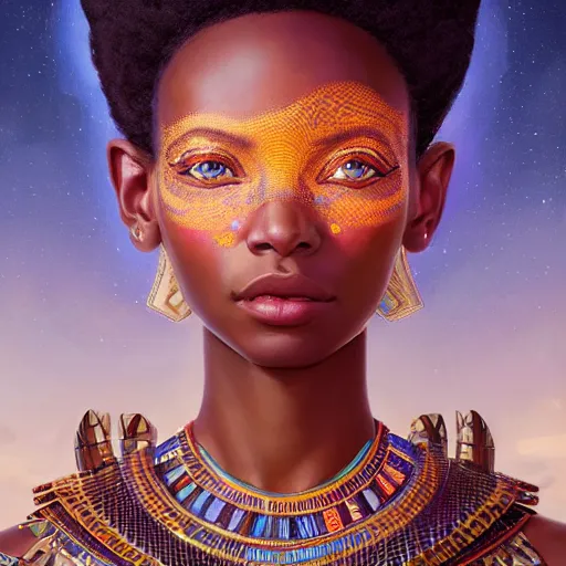 Image similar to highly detailed portrait of an african egyptian goddess, intricate alien technology, stephen bliss, unreal engine, fantasy art by greg rutkowski, loish, rhads, ferdinand knab, makoto shinkai and lois van baarle, ilya kuvshinov, rossdraws, tom bagshaw, global illumination, radiant light, detailed and intricate environment