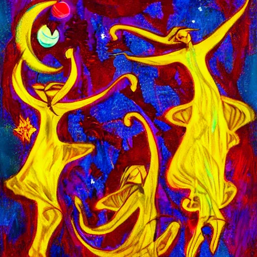 Image similar to beautiful desert djinn dancing under 3 moons abstract fantasy