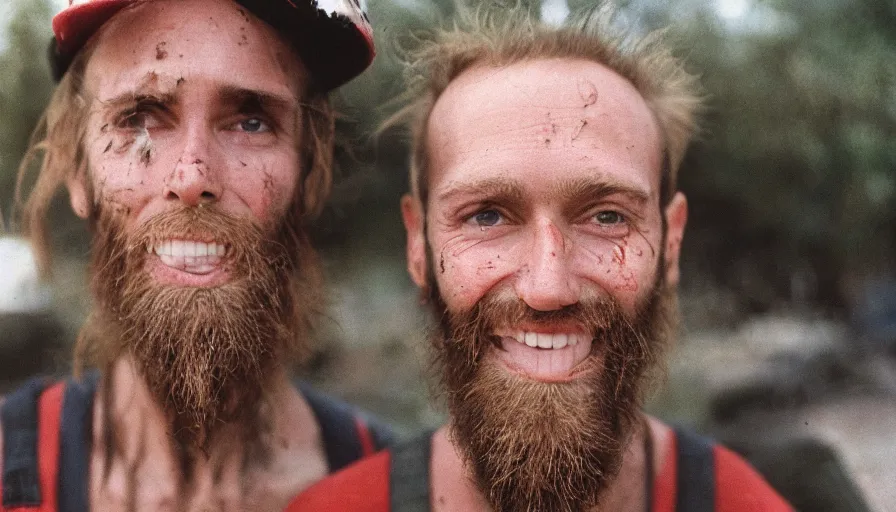 Prompt: far view, extremely skinny malnourished donald trump with long beard, wearing dirty overalls, dirty greasy face, grin, portrait, close up, kodak gold 2 0 0, 5 0 mm,