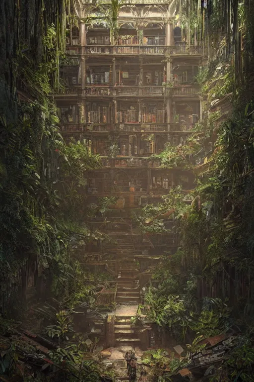 Prompt: decaying interior of an ( ( old library ) ) with a rainforest growing inside, highly detailed, night scenery, intricate detail, beautiful 3 d rendering, octane render, hyperrealistic, trending on artstation, by greg rutkowski and simon stalenhag