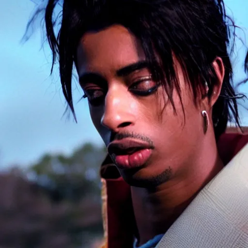 Image similar to cinematic film still of Playboi Carti starring as a Japanese Sensei with fire, Japanese CGI, VFX, 2003, 40mm lens, shallow depth of field, film photography