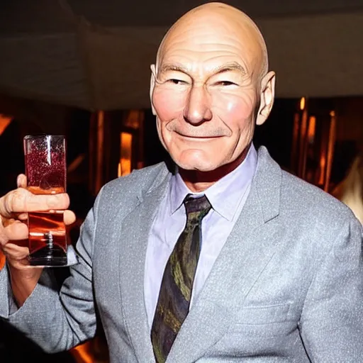 Image similar to patrick stewart drinking alcohol dressed in gown