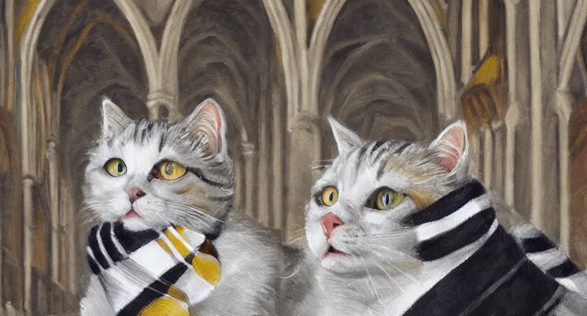 Prompt: oil painting extreme wide shot of a white and grey tabby cat wearing a black yellow striped hufflepuff scarf, in the Gloucester Cathedral cloisters, digital painting, high detail, award-winning, playful