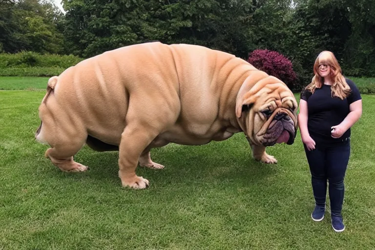 Prompt: a person standing next to a giant bulldog and the bulldog is five times larger then the person