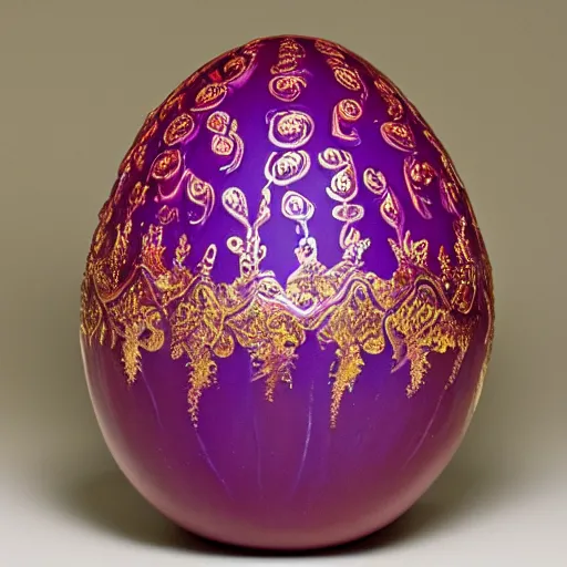 Prompt: a ornate detailed red and purple glowing egg, an eggplant fruit still on the vine