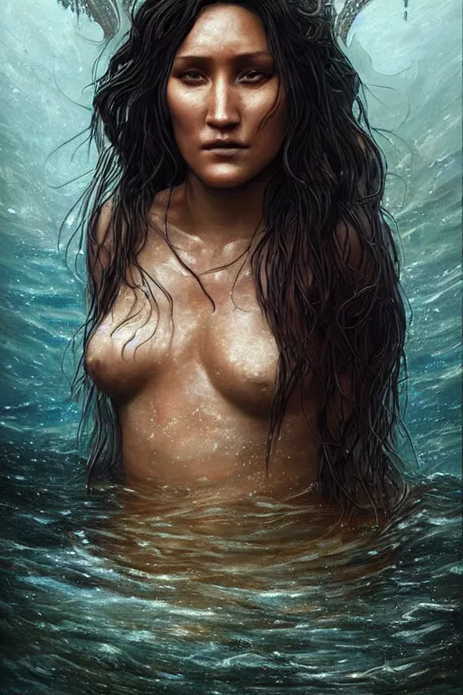 Image similar to a beautiful portrait of q'orianka kilcher as a mermaid in a river of the amazon, hyper realistic face, beautiful eyes, fantasy art, in the style of greg rutkowski, intricate, hyper detailed, smooth