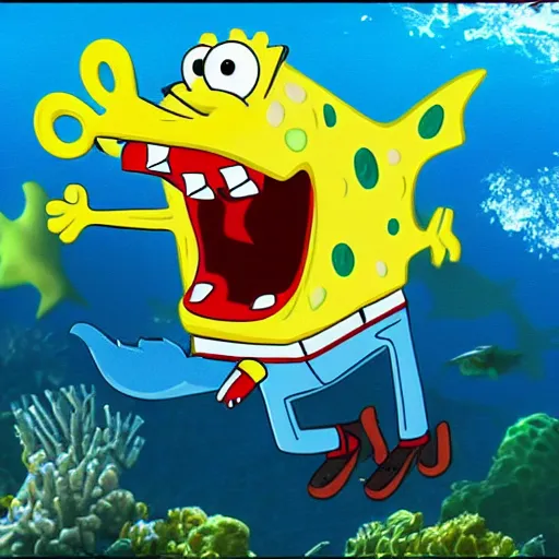 Image similar to spongebob riding a shark under the sea