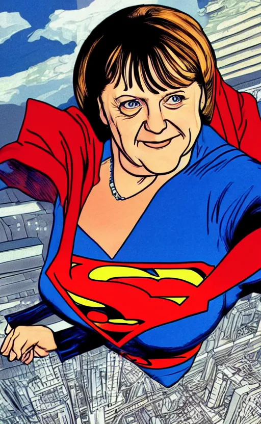 Prompt: illustration of angela merkel as superwoman by katsuhiro otomo